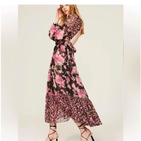 Misa Los Angeles Charlotta Long Sleeve Floral Black and Pink Maxi Dress| Size M - Picture 3 of 10